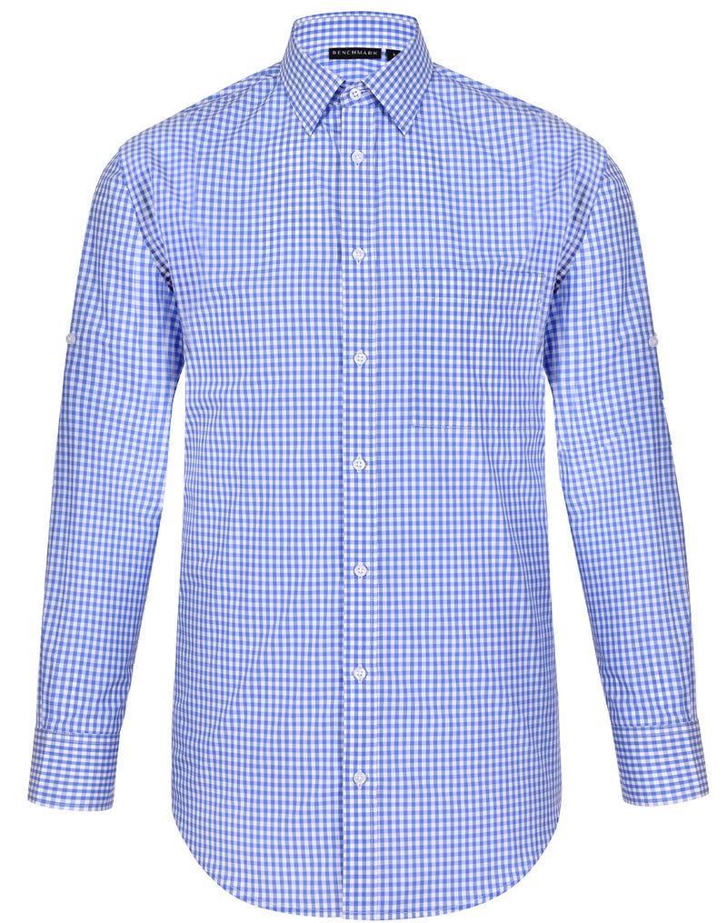 M7300L Men’s Gingham Check Long Sleeve Shirt with Roll-up Tab Sleeve