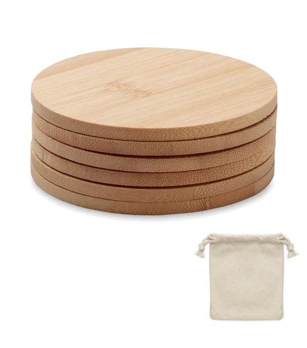 6 Bamboo coasters in cotton bag