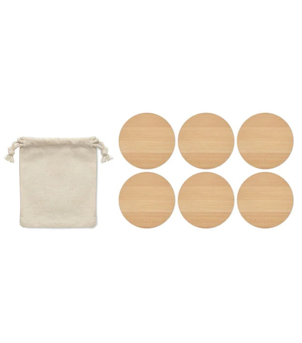 6 Bamboo coasters in cotton bag