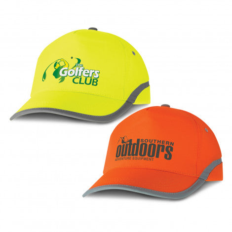 A yellow and Orange Hi Viz Cap which has been custom branded with company logos on them.