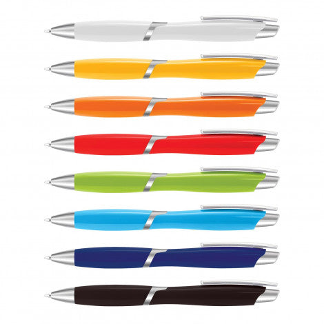 Attractive plastic promotional pens that come in a range of bright colours.