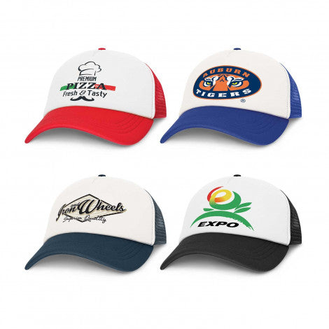 Cruise Mesh Cup in 4 colours with custom branded logos on the front of the hats to promote the companys.