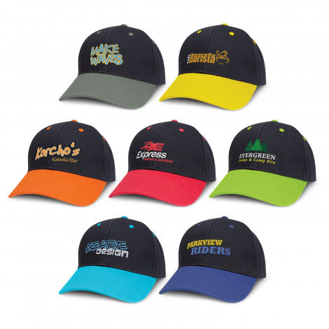 Highlander Cap, With Custom embroidery, Black Cap with multi colours for the peak, available from custombrandedmerch.com.au