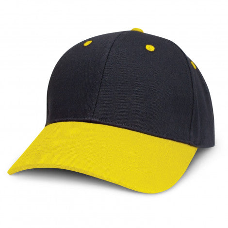 Highlander Cap, With Custom embroidery, Black Cap with yellow peak, available from custombrandedmerch.com.au
