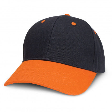 Highlander Cap, With Custom embroidery, Black Cap with orange peak, available from custombrandedmerch.com.au