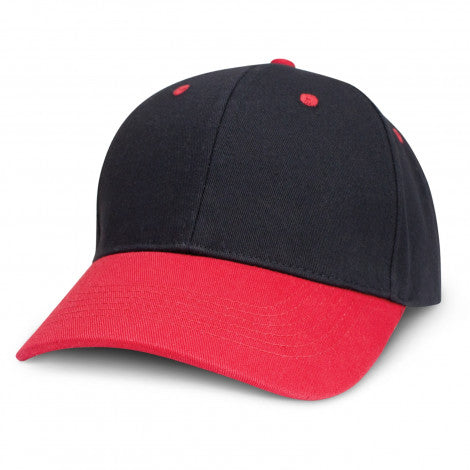 Highlander Cap, With Custom embroidery, Black Cap with red peak, available from custombrandedmerch.com.au