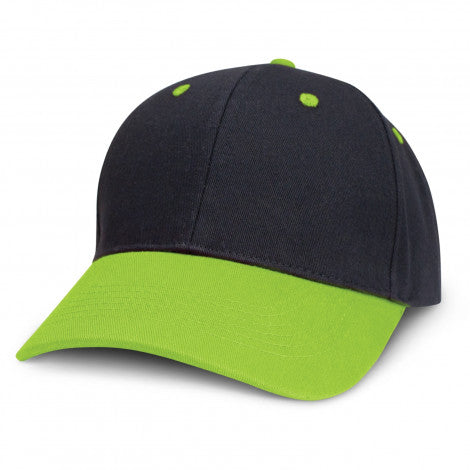 Highlander Cap, With Custom embroidery, Black Cap with bright green peak, available from custombrandedmerch.com.au