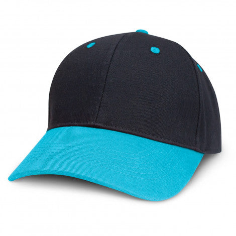 Highlander Cap, With Custom embroidery, Black Cap with Light Blue peak, available from custombrandedmerch.com.au