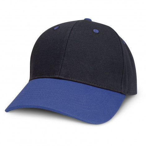 Highlander Cap, With Custom embroidery, Black Cap with royal blue peak, available from custombrandedmerch.com.au