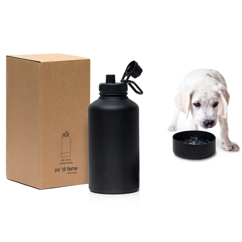 Po'Di Fame stainless steel bottle and image of dog